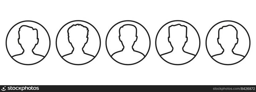 Men head line icon set. Male profile picture collection illustration. Human black avatar in line circle shape. Vector isolated on white.. Men head line icon set. Male profile picture collection illustration.
