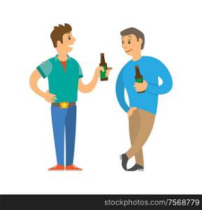 Men holding bottle of beer, drinking and speaking. Portrait view of character boy in colorful clothes. Smiling guy standing in disco club flat vector. Men Holding Bottle of Beer, Disco Club Vector