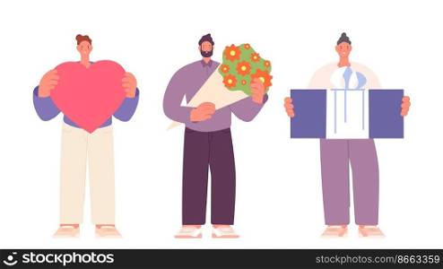 Men holding heart, present box and flower bouquet. Congratulation ma≤characters, greetings to birthday, woman day or romantic dating. Vector cartoon isolated boys with gift for holiday illustration. Men holding heart, present box and flower bouquet. Congratulation ma≤characters, greetings to birthday, woman day or romantic dating. Vector cartoon isolated boys