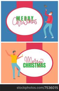 Men holiday party with glass of champagne and in Santa beard with hat. Celebrating boys in jersey and t-shirt and trousers. Greeting Merry Christmas vector. Men Holiday Party and Christmas Postcard Vector