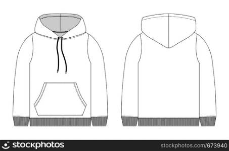 Men hoodie technical sketch. Mockup template hoody. Front and back view. Technical drawing kids clothes. Sportswear, casual urban style. Isolated object of stylish wear. Men hoodie technical sketch. Mockup template hoody.