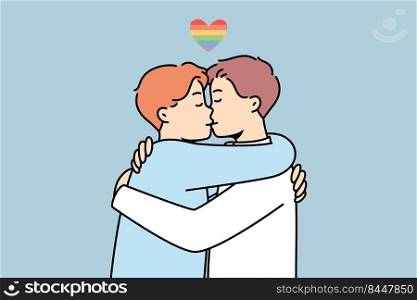 Men hugging and kissing. Gay couple embrace show love and affection. LGBT community concept. Vector illustration.. Gay couple hugging and kissing