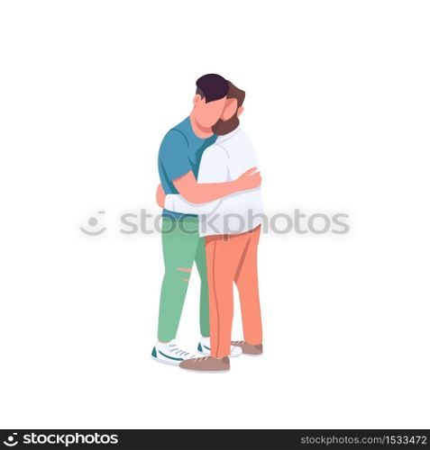 Men hugging flat color vector faceless characters. Gay couple in romantic relationship. Man embrace friend. Family relationship isolated cartoon illustration for web graphic design and animation. Men hugging flat color vector faceless characters