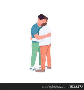 Men hugging flat color vector faceless characters. Gay couple in romantic relationship. Man embrace friend. Family relationship isolated cartoon illustration for web graphic design and animation. Men hugging flat color vector faceless characters
