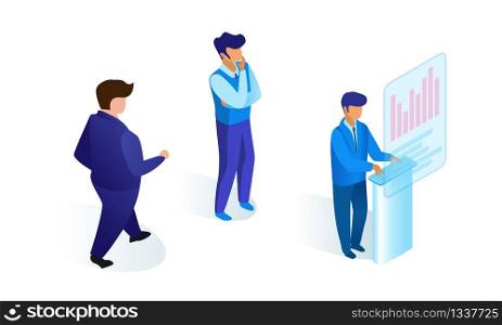 Men in Business Suits Work Together Project Flat. Vector Illustration on White Background. Confident Handsome Guy in Job. Style Man in Suit Works Standing on High Transparent Computer Monitor.