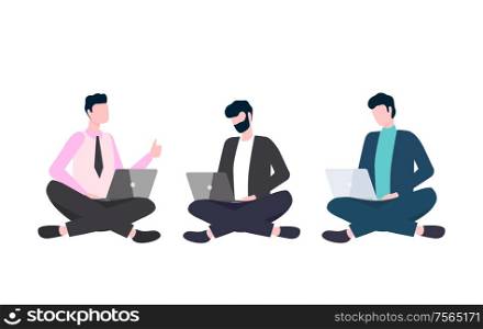 Men in casual clothes sitting cross-legged with laptops. People using and looking at computer, workteam with gadgets, portrait view of workers vector. Men in Suit Sits Cross-Legged with Laptop Vector