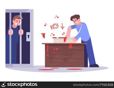 Men in escape room flat vector illustration. Boy saving friend isolated cartoon characters on white background. People in creepy quest room solving mystery. Horror themed logic game