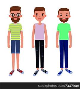 Men in everyday apparel vector isolated on white. Male in blue jeans and t-shirt, bearded man in glasses, animated character with different hairstyles. Men in Everyday Apparel Vector Isolated on White