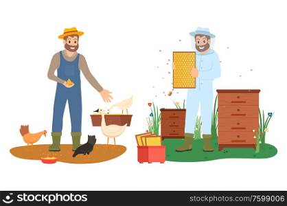 Men in farming clothes feeding chicken and goose, holding hives with honey, portrait view of smiling beekeeper and farmer, agriculture work vector. Beekeeper and Farmer Character, Agriculture Vector