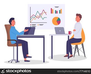 Men in formal suits sitting at tables with laptops and talking informally,a red cup, coffee break. Big white board with analytics, pie and bar charts. Office communication. Flat vector image. Two men, office workers sits in office and chats. People work and chat together. Analytic data chart
