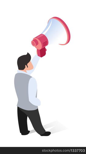 Men in Informal Office Clothes Speaks into Shout. Vector Illustration White Background. Man Holds Loudspeaker above Himself to Alert Office Team Important Information for Current Work. . Men in Informal Office Clothes Speaks into Shout.