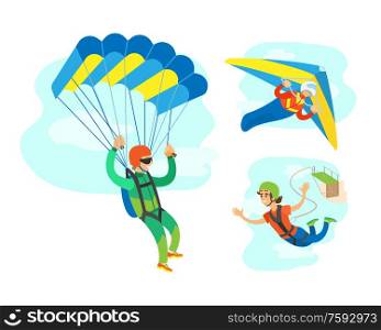 Men in suit and helmet making jumps in the sky with parachute, extreme sport. Set of parachutists involved in dangerous activity, freedom flying vector. Dangerous Activity, Extreme Sport, People Vector