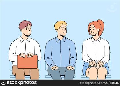 Men look at female job candidate sitting in line waiting for interview together. Male employees looking woman rival in office. Sexism and gender discrimination. Vector illustration.. Male applicants look at female rival