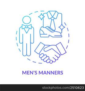 Men manners blue gradient concept icon. Elegant and well mannered gradient man. Social etiquette abstract idea thin line illustration. Isolated outline drawing. Myriad Pro-Bold font used. Men manners blue gradient concept icon
