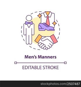 Men manners concept icon. Elegant and well mannered man. Social etiquette abstract idea thin line illustration. Isolated outline drawing. Editable stroke. Arial, Myriad Pro-Bold fonts used. Men manners concept icon