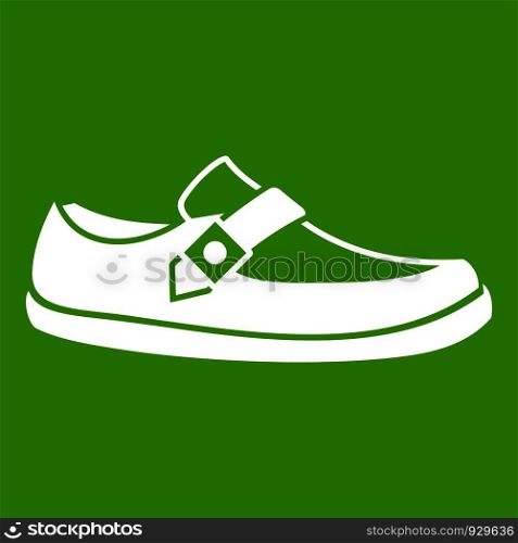 Men moccasin icon white isolated on green background. Vector illustration. Men moccasin icon green