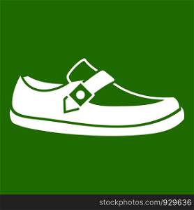 Men moccasin icon white isolated on green background. Vector illustration. Men moccasin icon green