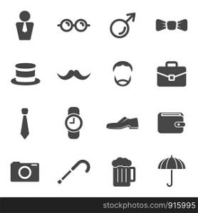 Men moustache props item icons. Participants grow a mustache and gentlemen accessories. Fashion of hat mask glasses and celebration. Flat icons collection set. Black white icons for web decoration.