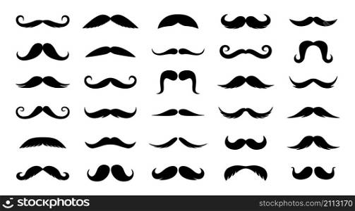 Men mustache. Black silhouette of curly facial hair, fun hipster logo, retro male whiskers, mustache shave and barber symbols collection. Vector isolated set black fun mustache. Men mustache. Black silhouette of curly facial hair, fun hipster logo, retro male whiskers, mustache shave and barber symbols collection. Vector isolated set