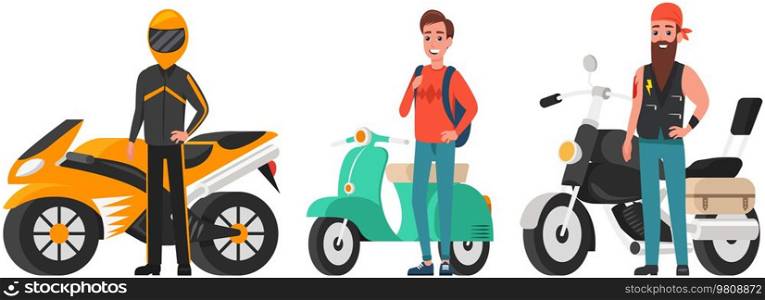 Men near their personal transport. Brutal bikers, bike drivers, motorcyclists vector illustration. Lovers of extreme driving on vehicle. Male characters riding motorbike, motorcycle, scooter. Men next to their personal transport. Male characters riding motorbike, motorcycle, scooter