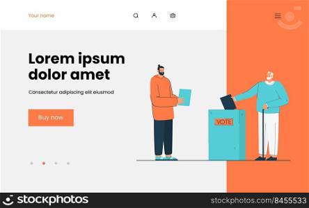 Men of all ages voting vector illustration. Elderly man throwing bulletin in special box. Young male character with bulletin waiting in line. Voting concept for banner, website design or landing page