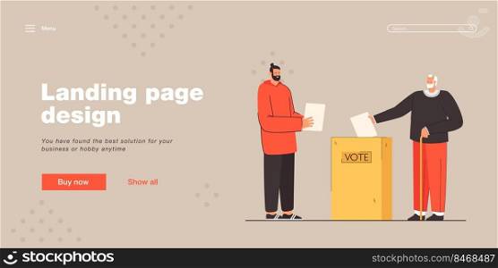 Men of all ages voting vector illustration. Elderly man throwing bulletin in special box. Young male character with bulletin waiting in line. Voting concept for banner, website design or landing page