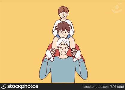 Men of different generations pose for family photo standing behind their father and smiling looking at screen. elderly man poses with son and grandson during celebration of fathers day . Men of different generations pose for family photo standing behind their father and smiling