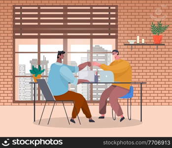 Men office workers fists bumping at table with laptops. Victory celebration, business cooperation. Team building. Teamwork. Office space, brick walls, bookshelf, potted plant. Flat vector image.. Fists bumping colleagues as sign of cooperation, sitting at office table. Teamworking. Office space