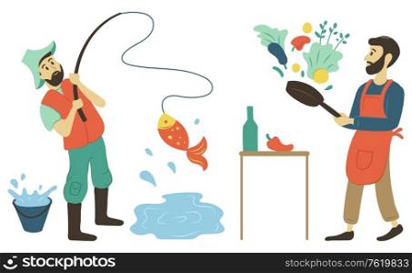 Men on leisure vector, hobby of people male with fishing rod catching fish from pond. Person cooking, preparing dishes from vegetables fresh veggies. Cooking and Fishing Hobby of Men Pastime Vector