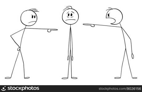 Men or businessmen accusing or blaming another man, vector cartoon stick figure or character illustration.. Men Accusing or Blaming Another Man , Vector Cartoon Stick Figure Illustration