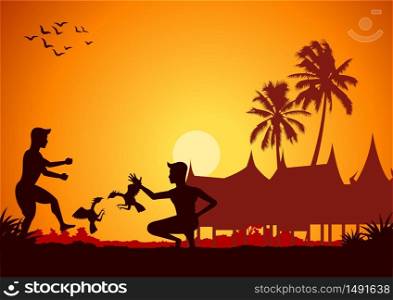 men playing cock fighting gamble around with country rural life in silhouette style,vector illustration