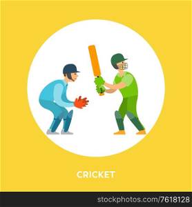 Men playing cricket, people wearing helmet and gloves equipments, person holding bat, portrait view of team in round icon, yellow poster of sport vector. People in Helmet and Gloves Playing Cricket Vector