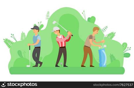 Men playing golf with putters, summer outdoor activity vector. Hitting ball and sack with sport equipment, leisure or pastime, game on lawn, golfers in park. Outdoor Activity, Men Playing Golf with Putters