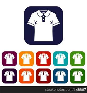 Men polo shirt icons set vector illustration in flat style In colors red, blue, green and other. Men polo shirt icons set flat