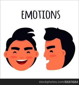 Men positive emotions concept. Brunette male face in full face and profile with smiling facial expression flat vector isolated on white. Laughing man emotive portrait for icon, avatar illustration