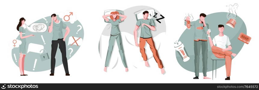 Men problem compositions set with flat female and male human characters with stinky shoes and snoring vector illustration