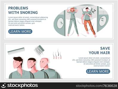 Men problem set of two horizontal banners with flat images and learn more buttons with text vector illustration
