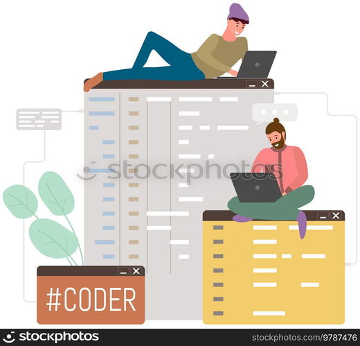 Men programmers with and laptops. Programming or coding, digital technology. Employees working with electronic devices to create websites. Html developer sitting on block diagram with business data. Men programmers with and laptops. Programming or coding, digital technology to create websites