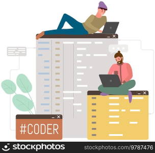Men programmers with and laptops. Programming or coding, digital technology. Employees working with electronic devices to create websites. Html developer sitting on block diagram with business data. Men programmers with and laptops. Programming or coding, digital technology to create websites