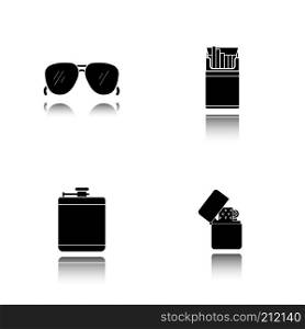 Men's accessories drop shadow black icons set. Alcohol hip flask, open cigarette pack, sunglasses and flip lighter. Isolated vector illustrations. Men's accessories drop shadow black icons set