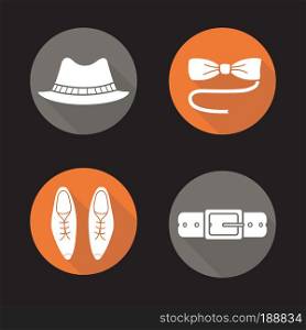 Men's accessories flat design long shadow icons set. Homburg hat, butterfly bow tie, classic leather shoes and belt. Vector symbols. Men's accessories flat design long shadow icons set