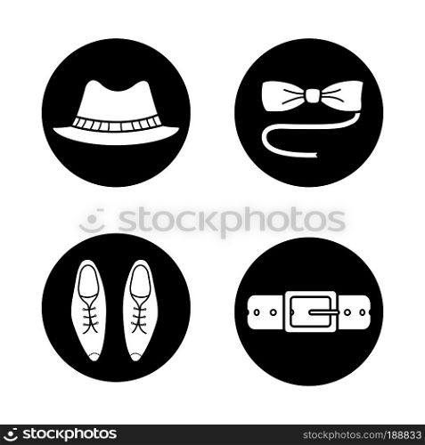 Men's accessories icons set. Homburg hat, butterfly bow tie, classic leather shoes and belt. Vector white illustrations in black circles. Men's accessories icons set