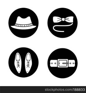 Men's accessories icons set. Homburg hat, butterfly bow tie, classic leather shoes and belt. Vector white illustrations in black circles. Men's accessories icons set