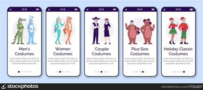 Men&rsquo;s and women animal costumes onboarding mobile app screen vector template. Plus size holiday clothing. Walkthrough website steps, flat characters. UX, UI, GUI smartphone cartoon interface concept