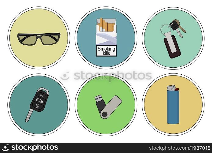Men&rsquo;s bag contents. Sunglasses, cigarette pack, house and car keys, usb, lighter. Men&rsquo;s bag contents
