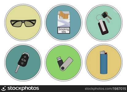 Men&rsquo;s bag contents. Sunglasses, cigarette pack, house and car keys, usb, lighter. Men&rsquo;s bag contents