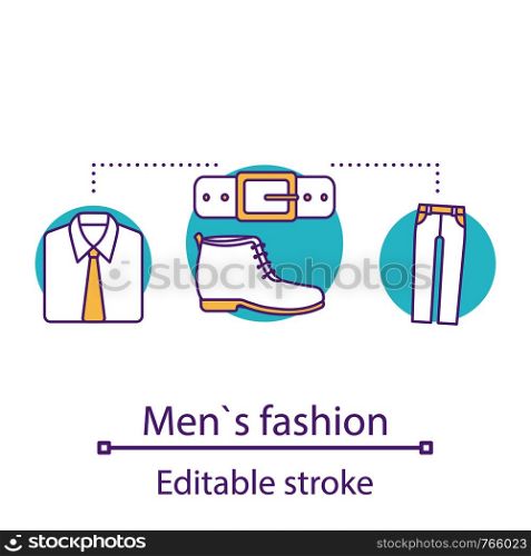 Men's fashion concept icon. Menswear. Clothes and accessories. Clothing store idea thin line illustration. Vector isolated outline drawing. Editable stroke. Men's fashion concept icon