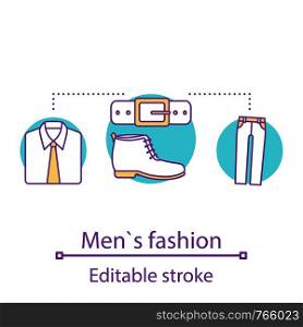 Men's fashion concept icon. Menswear. Clothes and accessories. Clothing store idea thin line illustration. Vector isolated outline drawing. Editable stroke. Men's fashion concept icon