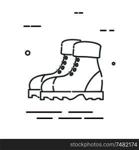 Men&rsquo;s hiking boots in a linear style. Line icon isolated on white background. Vector illustration.
