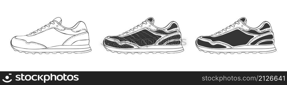 Men&rsquo;s or women&rsquo;s sneakers. Modern sneakers. Hand-drawn sneakers. Vector image